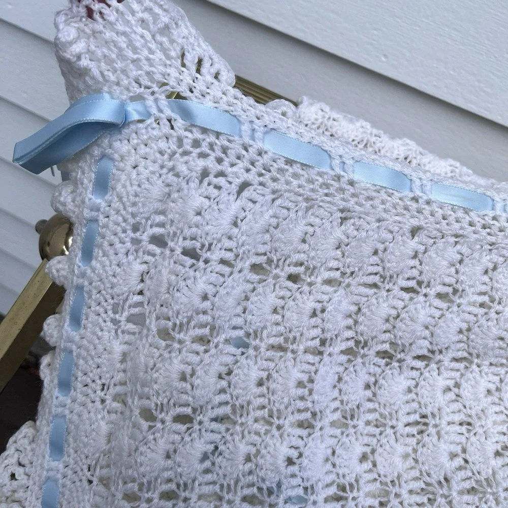 Baby Crochet White Beautiful Blanket With Blue Satin Ribbon Trim, Unused 42